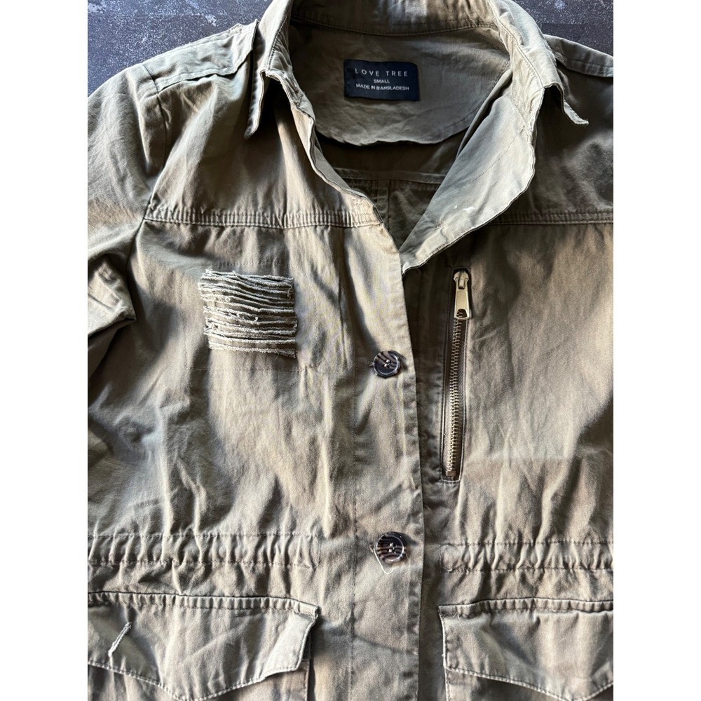 Love Tree Women's S Olive Military Light Jacket Distressed Utility Grunge Street